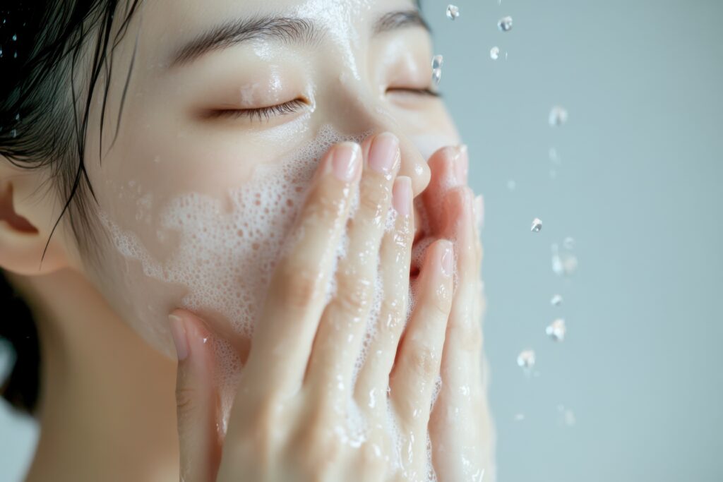 Japanese woman washing her face with water simple background providing copy space text ar 32 v 6