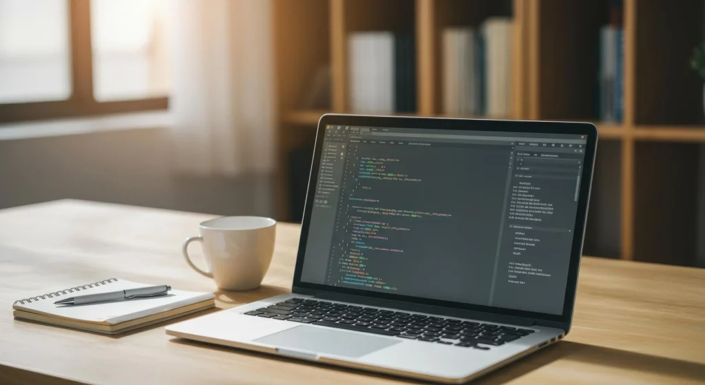 筆電畫面顯示程式碼與開發環境
